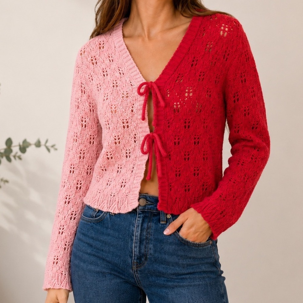 Sincerely Jules Pink Red Colorblock Crochet Tie Front Cropped Cardigan M